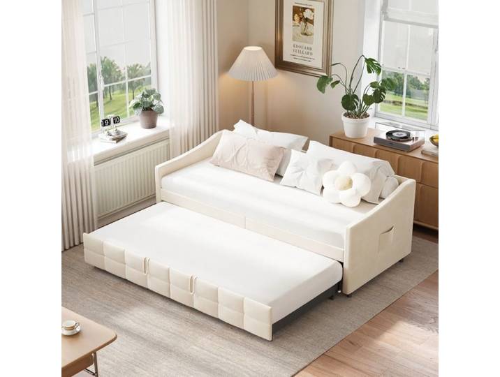 Canapé lit extensible 90x200cm -Anajqaqia- Canapé-lit avec rangement - Lit pliant coulissant -Canapé relax-Lit simple-Velours-Beige