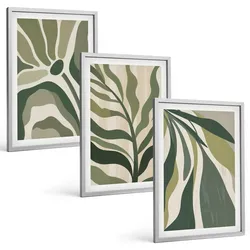BILDER SET 3er Set - 40x60 cm Silberner Rahmen - Illustrationen gemalter grüner Blätter