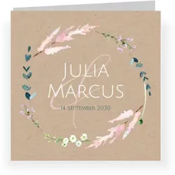 Einladungskarte Hochzeit: Blumenkranz Kraft mit Foto in Kraft Look