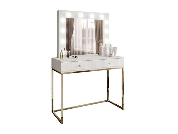 SCHMINKTISCH BLANCO mit Spiegel und Beleuchtung Gold Chrom Weiß Hochglanz Kristallgriff