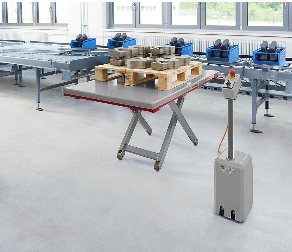 Flachform-Hubtisch, Baureihe G, Tragfähigkeit 300 kg, Hubbereich 80 - 750 mm, LxB 1450 x 900 mm, 230 V Wechselstrom Flexlift