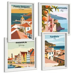 BILDER SET 4er Set - 50x50 cm & 40x60 cm Weißer Rahmen - Ansichten europäischer Häfen