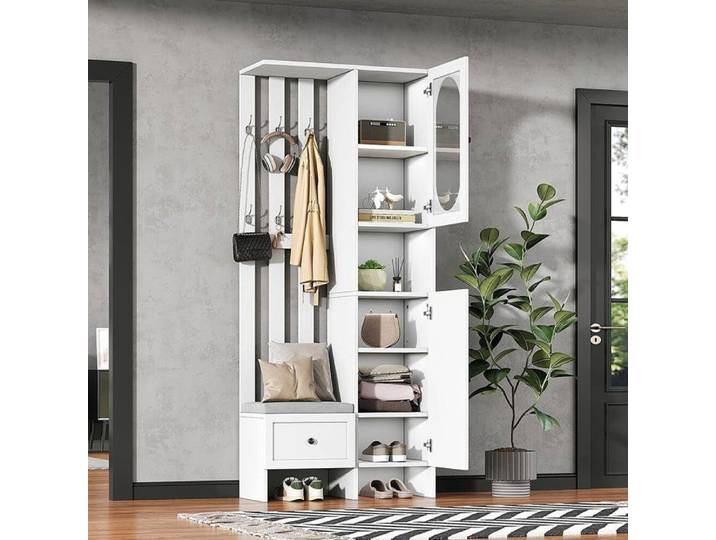 Ensemble multifonctionnel 85x33.5x200cm un banc à chaussures armoire de rangement en verre trempé Armoire d'entrée blanc