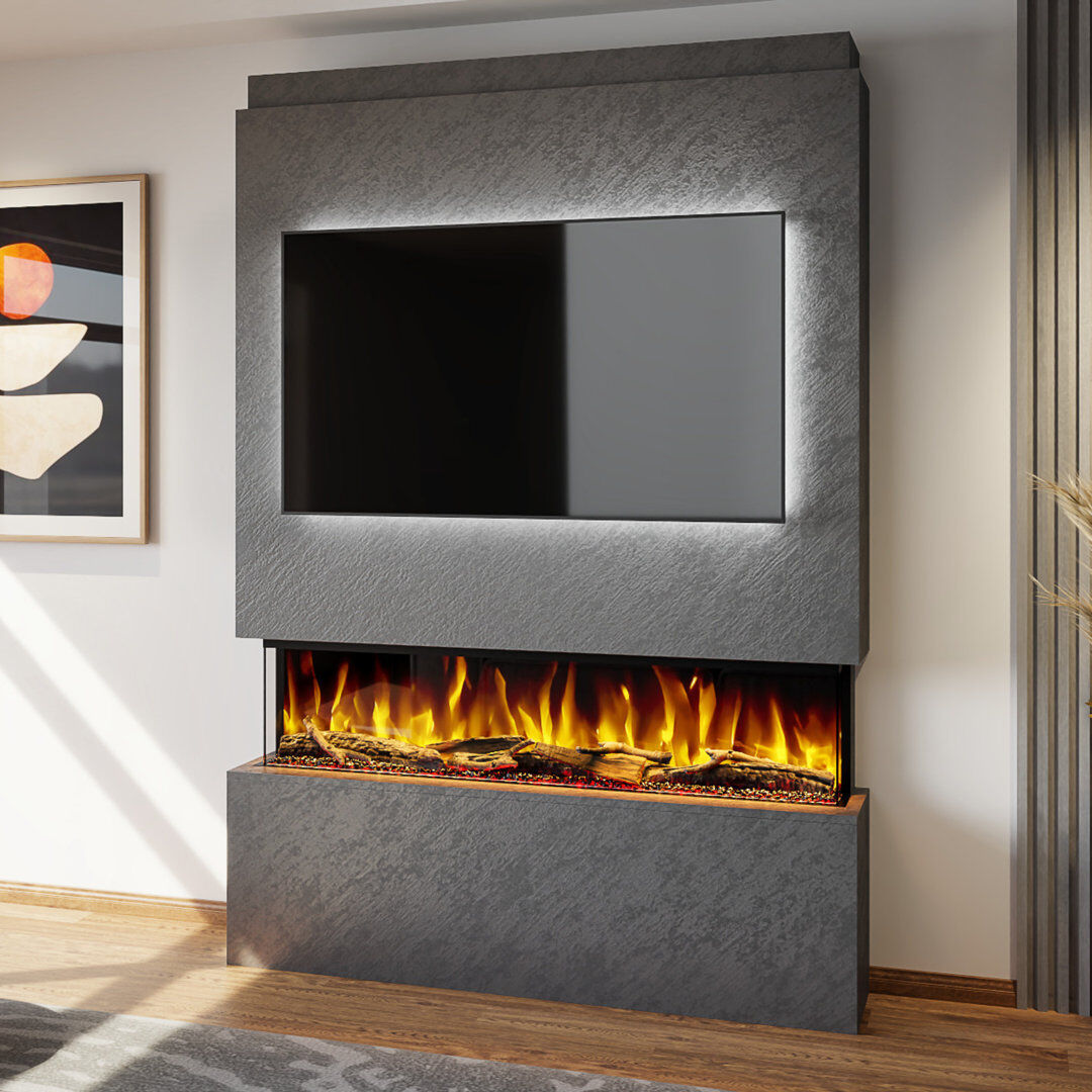 Evolution Fires Pre-Built Media Wall Package 19, finished in textured Venetian Plaster, includes Spectrum Series 50 Series 3-Sided Electric Fireplace Grey 199cm H X 137cm W X 31cm D