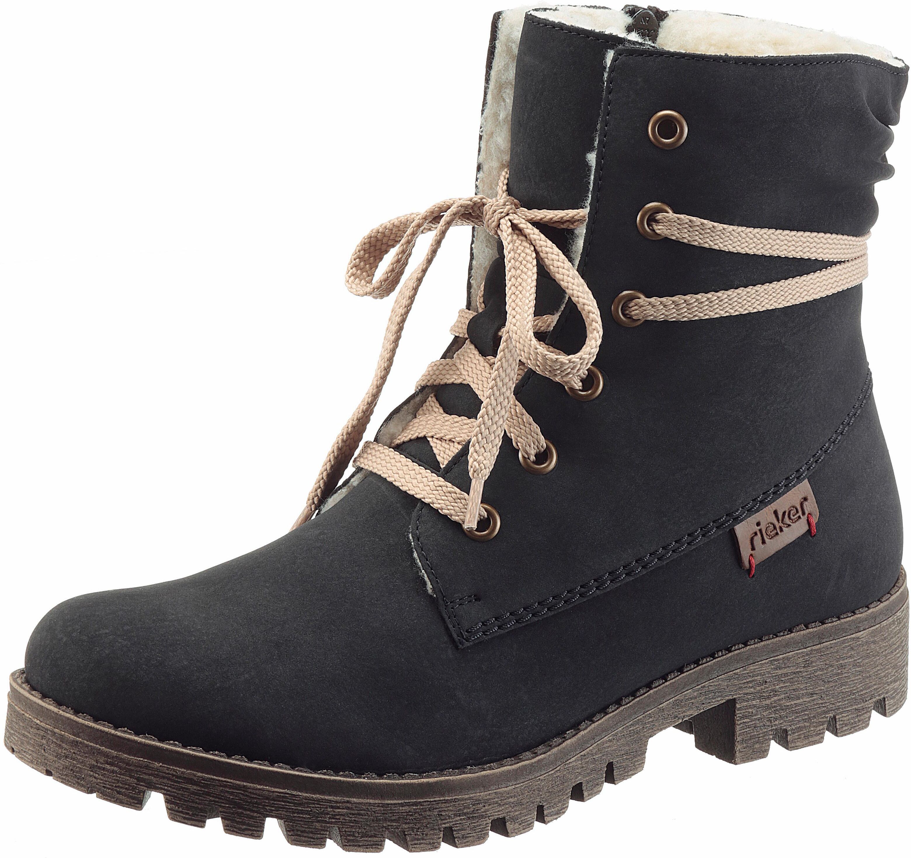 Winterboots RIEKER, Damen, Gr. 36, Warmfutter, blau (nachtblau), Nubuklederimitat, unifarben, Schuhe Winterboots, Winterboots, Warmfutter, mit schaftumspielender Schnürung nachtblau 36, Warmfutter