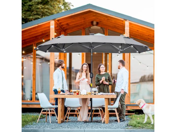 Outsunny Parasol Double Gris avec Base et Lumières Solaires