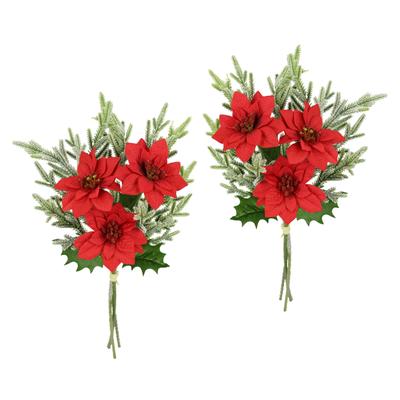 Kunstblumenstrauß I.GE.A. "Strauß Poinsettia/Tannenzweige", rot, B:17cm H:37cm L:12cm, Polyester, Kunstpflanzen, 2er Set Weihnachtsdeko Weihnachtsblume Sträuße Dekoblumen Christstern
