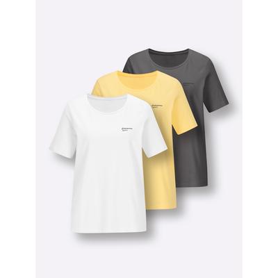 Fledermausshirt CATAMARAN "Dreierpack Shirts", Damen, Gr. 44/46, bunt (zitrone, weiß, anthrazit), 95% Baumwolle, 5% Elasthan, gemustert, unifarben, Rundhals, Shirts Fledermausshirt