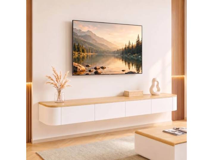 Ribanedy Modernes Schwebendes TV-Regal Wandmontierte Unterhaltungsmedien-Konsole Großes Aufbewahrungs-TV-Bank für Wohnzimmer & Büro (Weiß Holzfarbe, 160cm)