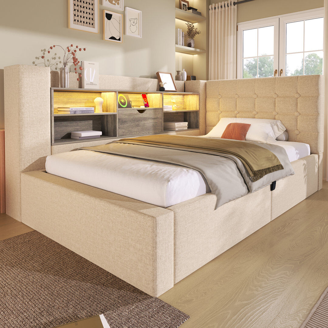 Brayden Studio Upholstered Linen Lift Up Storage Ottoman Bed Beige 3FT