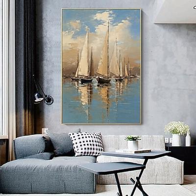 Handgemaltes Segelbootbild, abstrakte Meereslandschaft, strukturierte Acryl-Ölmalerei, strukturierte Segelboote, Wandkunst, abstrakte Ozeankunst