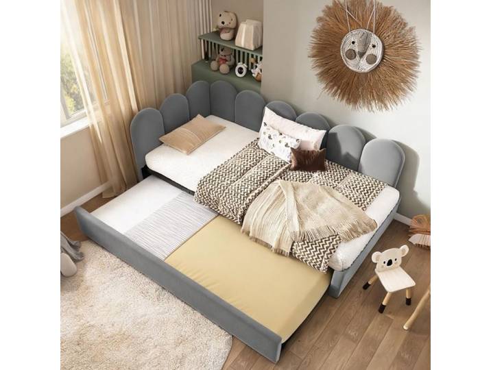 Méridienne 90x200 cm avec lit gigogne 90x190 cm design ludique en velours gris classique
