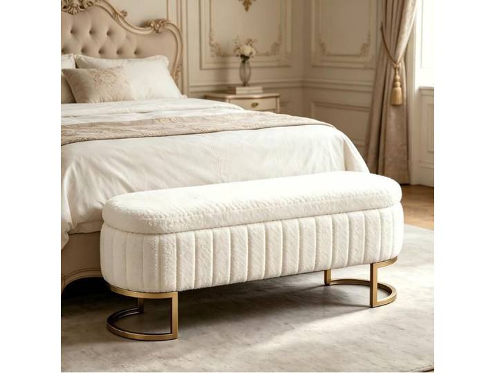 Bout de lit avec coffre de rangement 130 cm pieds en métal doré - BEAUNIV - surpiqûres verticales velours crème