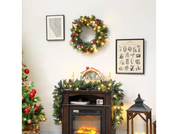 HOMCOM Couronne Noël 60cm 50 LED Minuterie Vert Décoratif