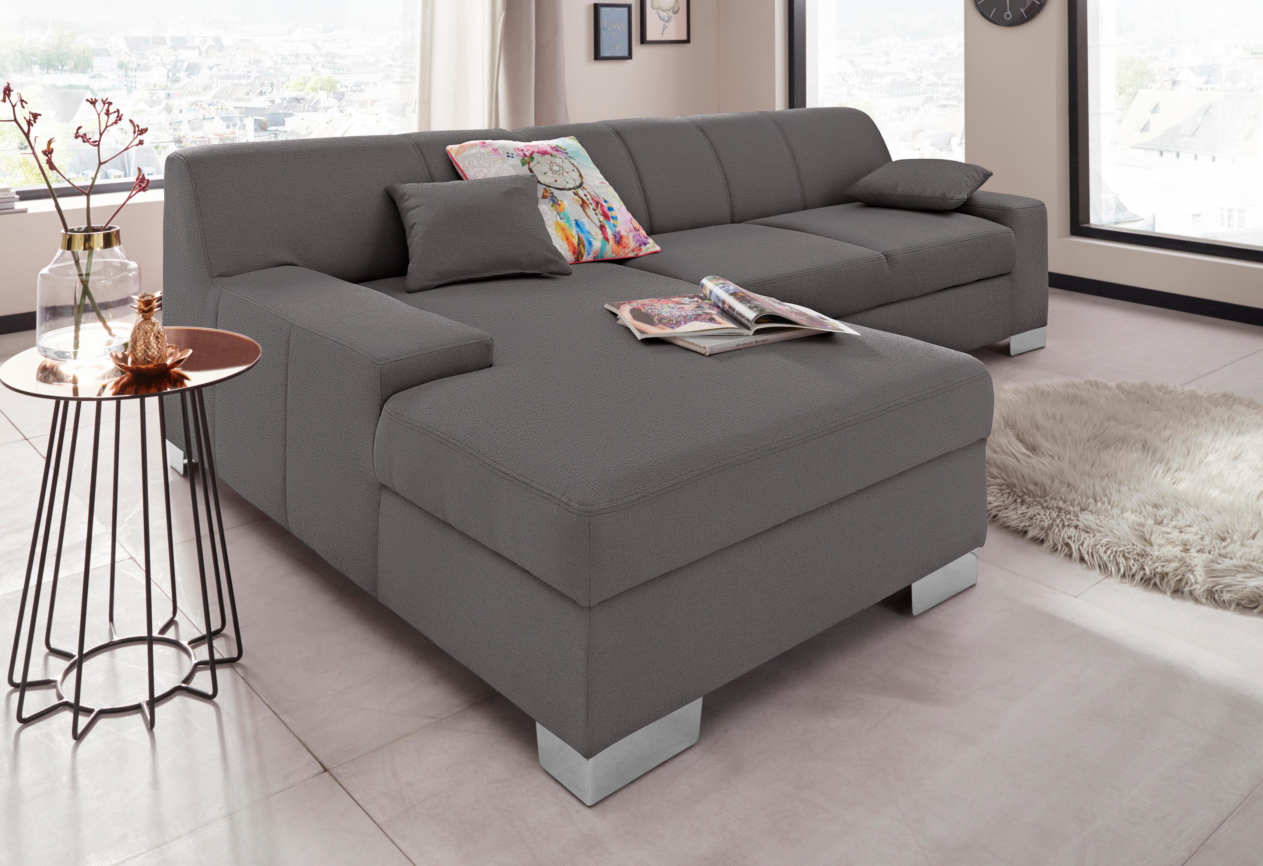 Ecksofa DOMO COLLECTION "Bero, elegant und zeitlos, flache Armlehnen, Breite 268cm L-Form", schwarz (pepper), B:268cm H:74cm T:153cm, Feinstruktur (100% Polyester);Luxus-Microfaser (100% Polyester);Zierkissen: Im jeweiligen Bezugsstoff;Struktur fein (100%