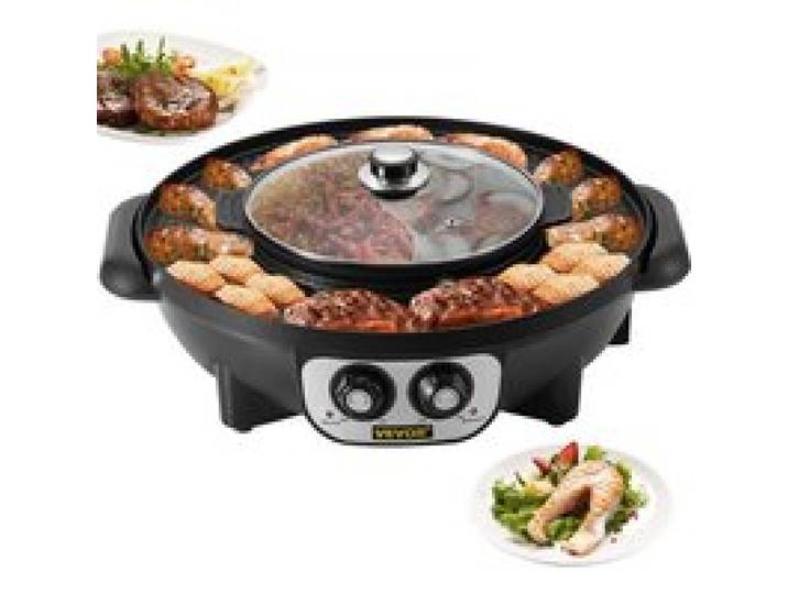 VEVOR Pot Chaud d'Intérieur de Gril 2200 W Gril Électrique Multifonctionnel 0 - 240 ℃ Gril Portatif 2 en 1 Double Contrôle de Température 51,5 x 21 x 46 cm pour Chauffer et Griller des Viandes Légumes