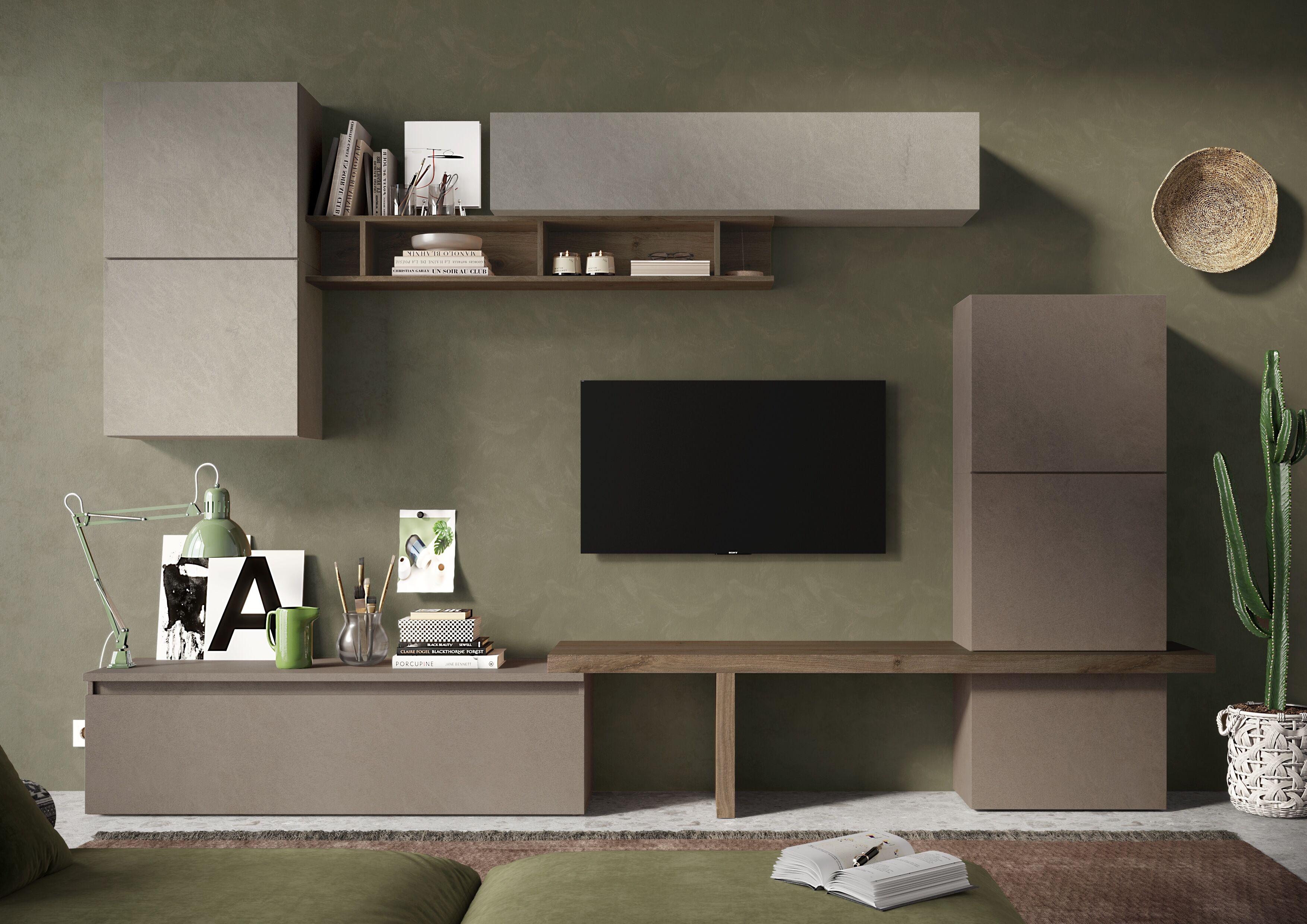 Wohnwand HOME AFFAIRE "Infinity, 9tlg. Breite 290 cm, Höhe variabel, Schrankwand (Lowboard", braun (lehmfarben (argilla), bronzo, mercure nb holzstruktur), B:290cm H:195cm T:40cm, Holzwerkstoff, Kastenmöbel-Sets, Wohnwand, T-Boden, 4x Hängewürfel, Würfel-
