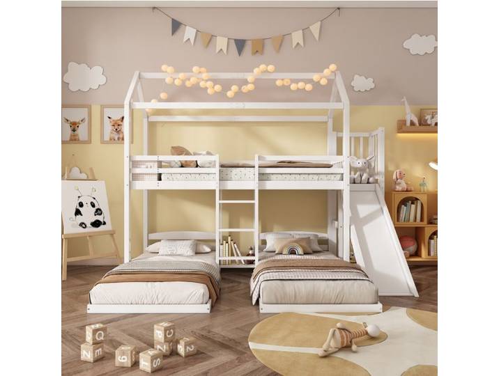 Lit superposé enfant blanc avec toboggan toit ludique et trois couchages