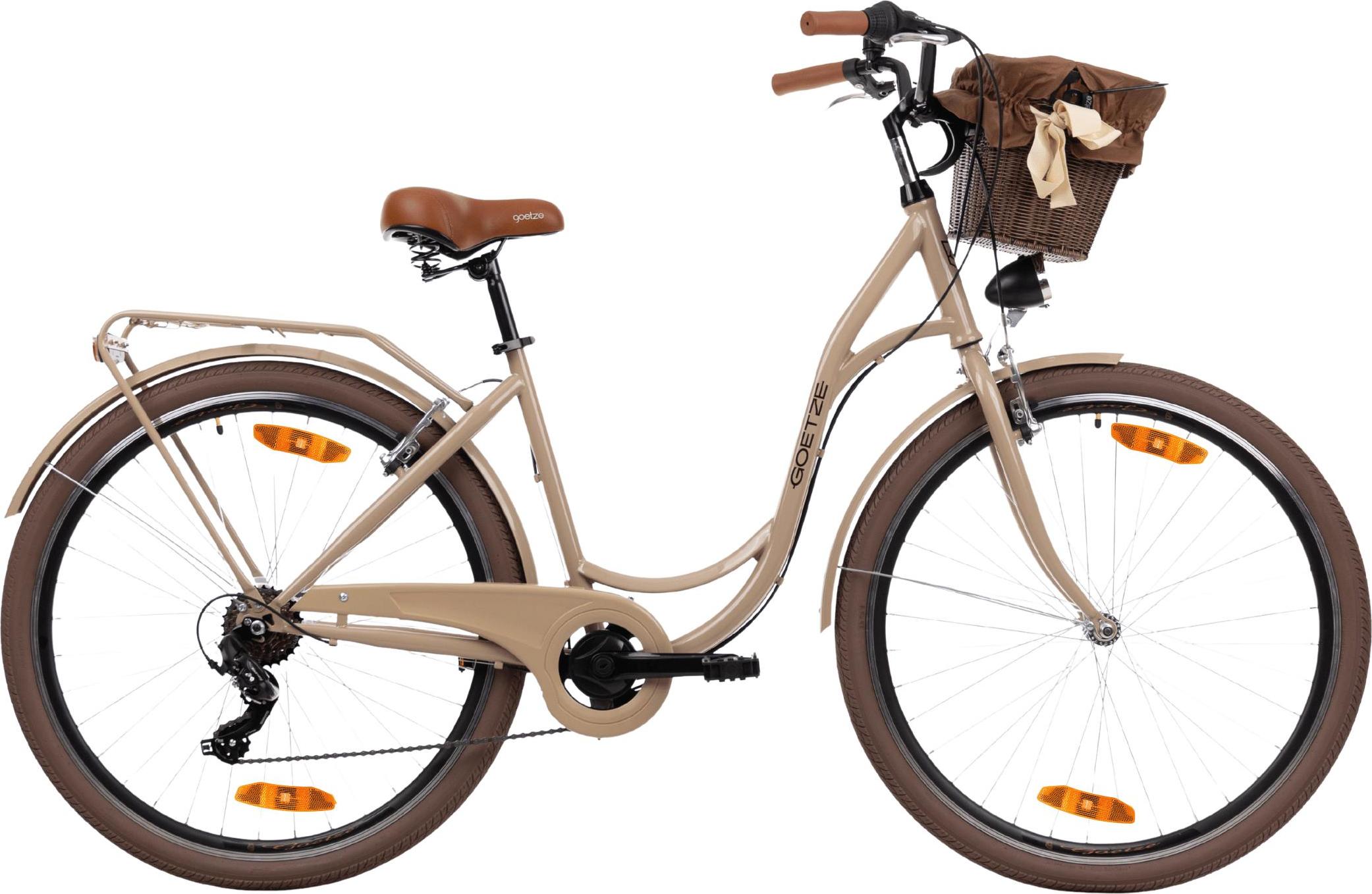 Goetze Mood 28 Zoll City Bike, 18 Zoll Tiefeinsteiger, 7-Gang Shimano Tourney, V-Bremse, LED-Beleuchtung, Komfortsattel, Rattankorb mit Bezug