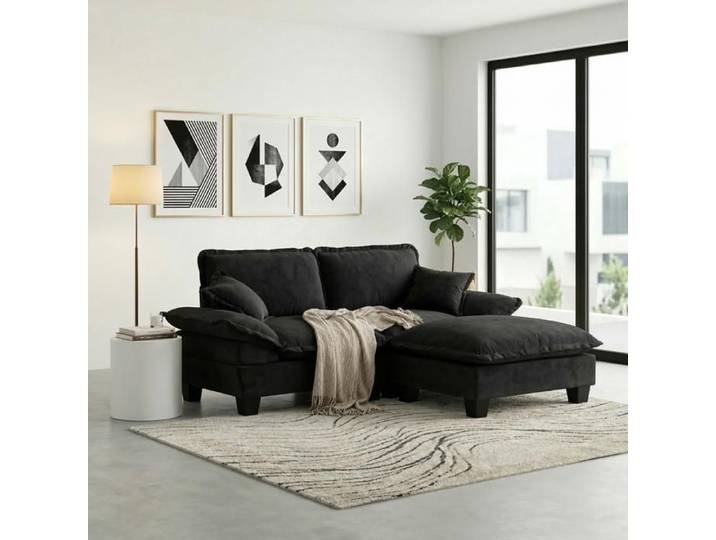 Canapé d'angle convertible - MINIMAL - Modulaire - Velours chenille noir - Rangement intégré - Pouf modulaire