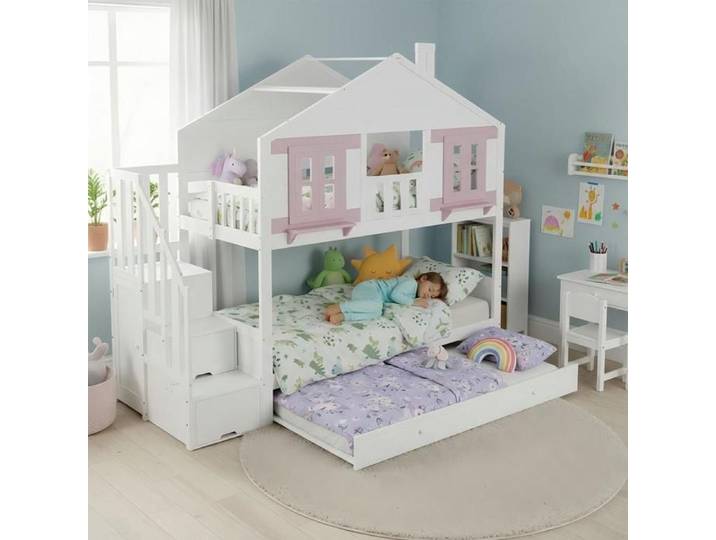 Lit superposé enfant - KOMHTOM - 90x200 cm - lit gigogne - escalier avec 3 tiroirs - toit cabane