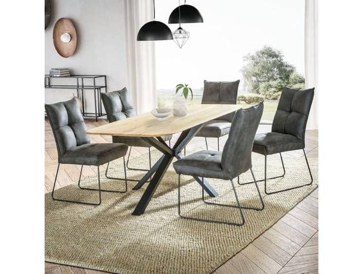 Lomadox Tisch Esstisch 180x90cm mit runder Kante, Wildeiche massiv geölt, Metallfußgestell