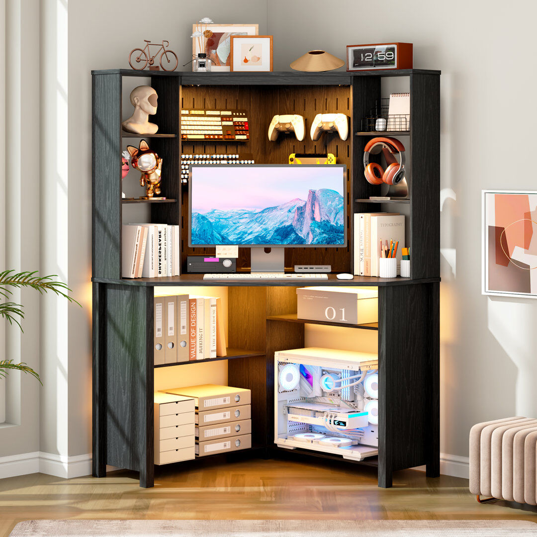 Blue Elephant Pentagonal Corner Computer Desk with Charging Station, Adjustable Led Lighting and 9 Layers Open Storage Space Black 106cm W X 30cm D