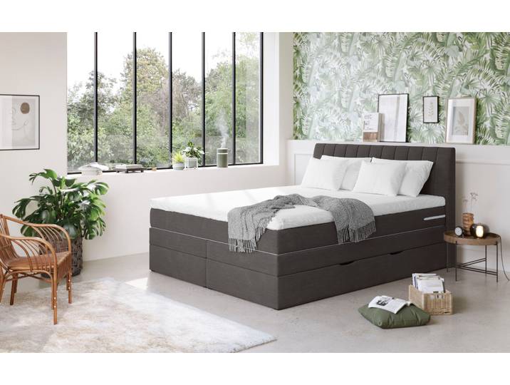 Boxspringbett, 100% Polyester, Grau, 160×200 cm, Mit Bettkasten & Topper, Landhaus, Cotta