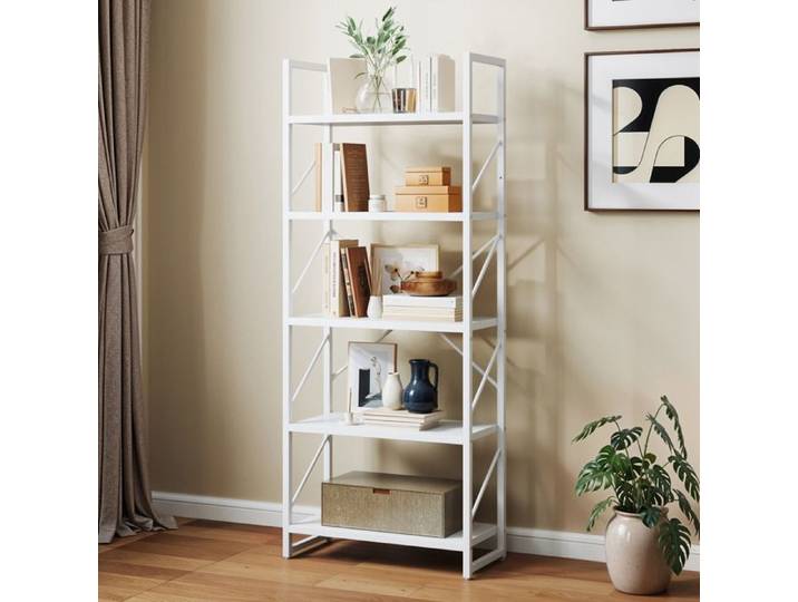 Bibliothèque à 5 niveaux YITAHOME étagère haute avec structure en métal blanc pur
