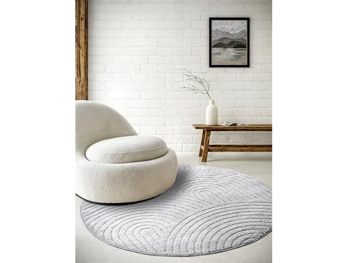 Elle Decoration Panglao moderner Hochflor Teppich - Wohnzimmerteppich Flauschig – Hoch-Tief Effekt Skandi Boho Geometrisch Wellen, Bogen - für Wohnzimmer, Schlafzimmer, Küche - Hellgrau, 160cm
