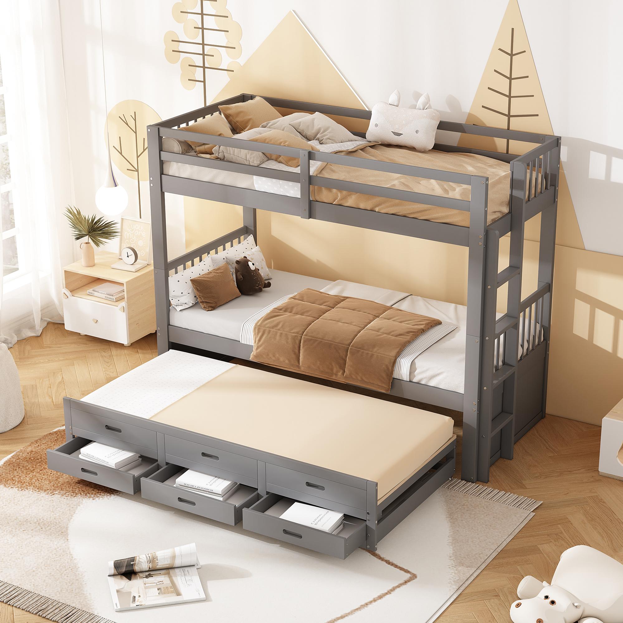 MODFU Etagenbett 90 × 200 Jugendbett mit 3 Schubladen, Ausziehbett,Bettgestell aus Kiefernholz & MDF,Kinderbett mit Sicherheitsgitter und Treppe,ohne Matratze,Grau