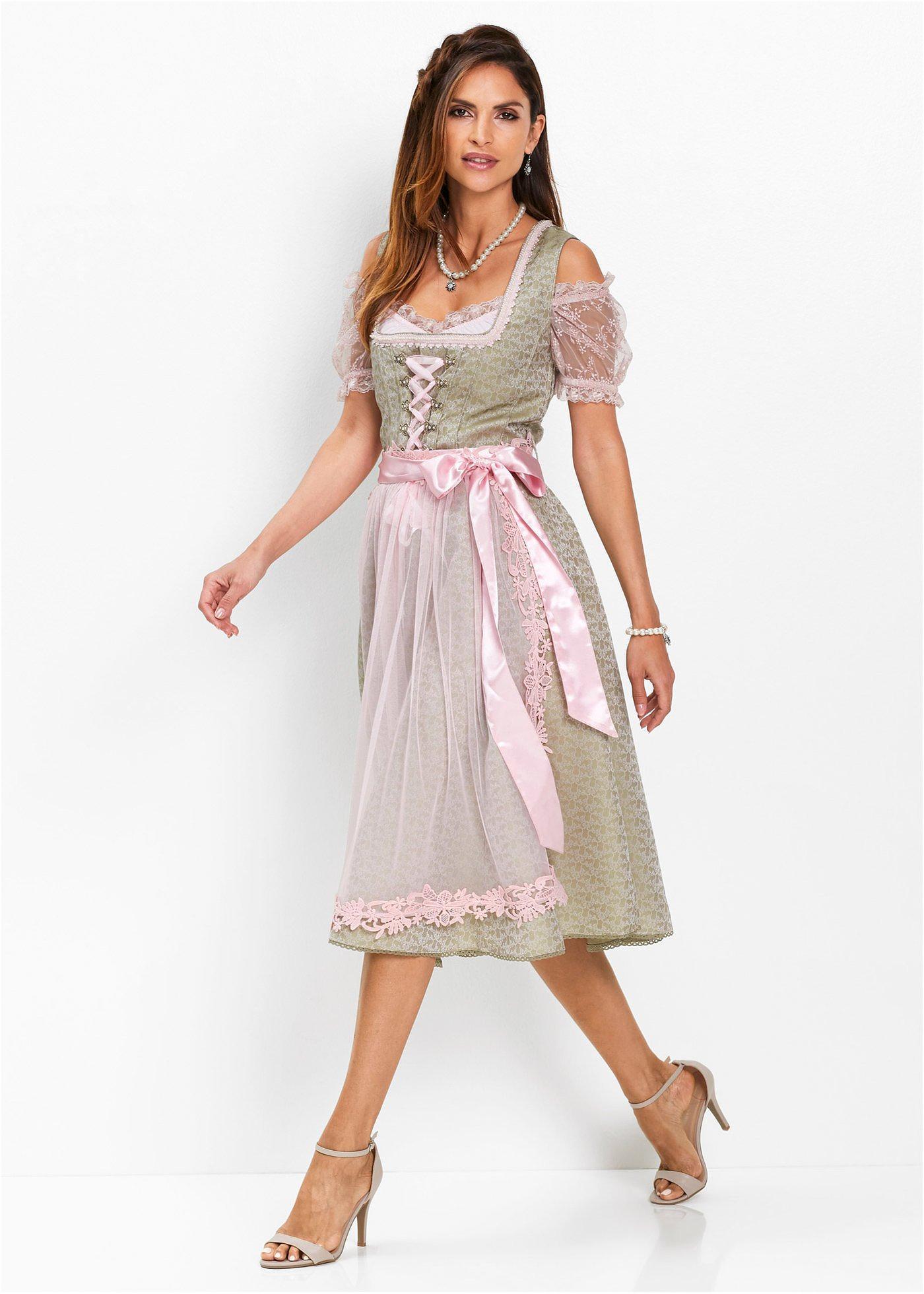 bonprix Dirndl mit Perlen (2-tlg.Set), grün, Gr.38, Wunderschönes Dirndl mit Spitzenborte und Perlen am Ausschnitt