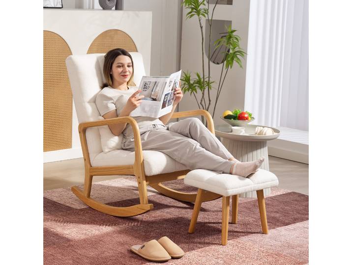 HOMCOM Rocking Chair Polaire Berbère Bois 64,5x82x89cm Blanc