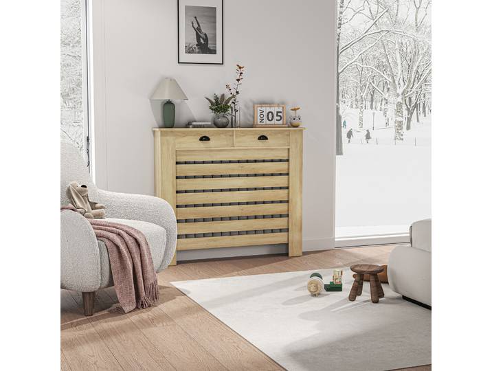 HOMCOM Cache Radiateur Bois Chêne avec 2 Tiroirs 111x19x95,5 cm