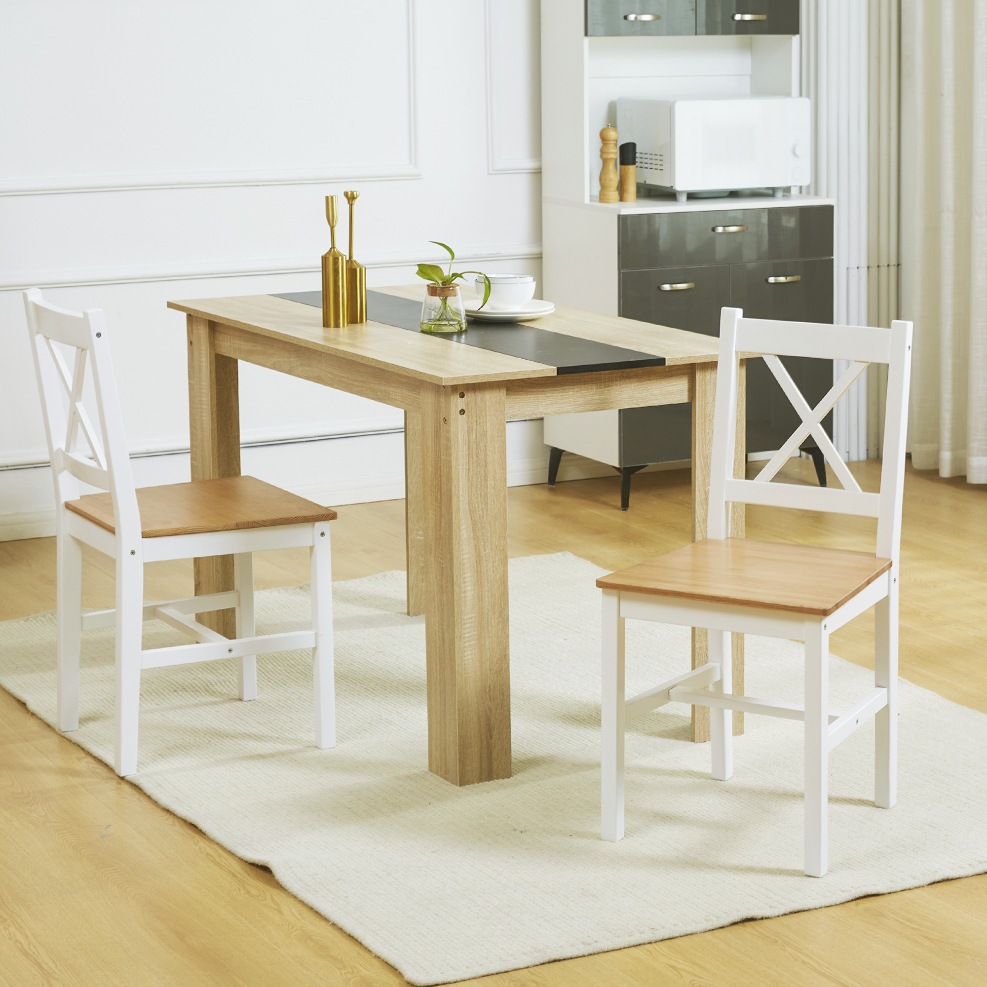 Homcom Set di 2 sedie da sala da pranzo in legno massiccio, sedie da cucina stile rustico schienale incrociato bianco e rovere