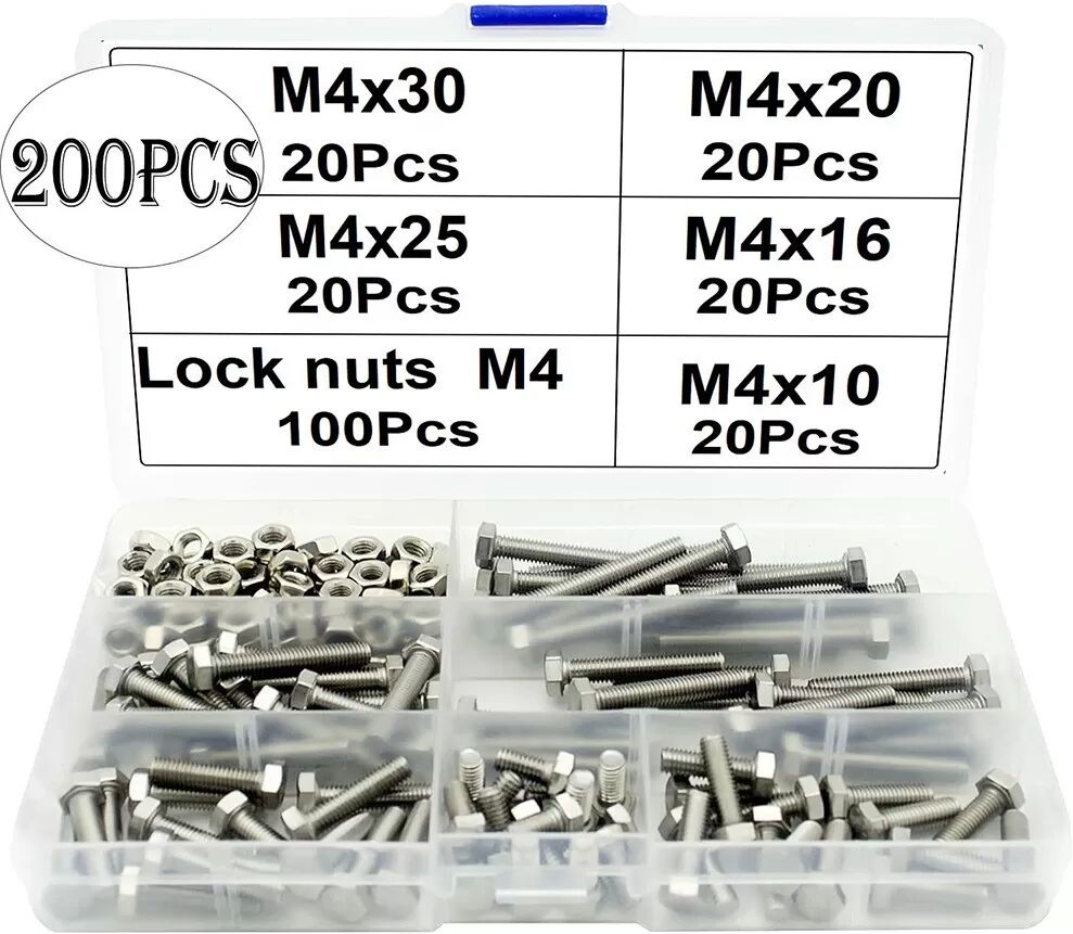 INF Kit de 200 boulons et écrous hexagonaux M4 en acier inoxydable - Ensemble de fixation polyvalent