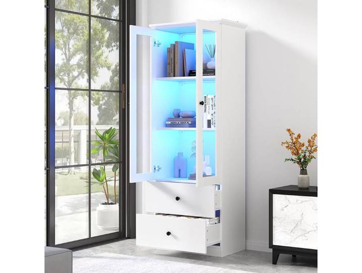 Vitrine - GUTENT - 165 cm - Éclairage LED USB - 2 tiroirs - Verre trempé blanc