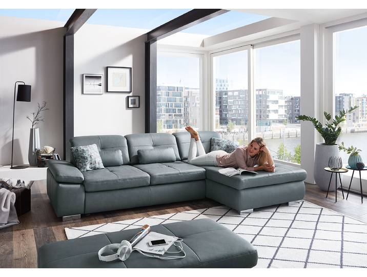 Ecksofa Aulanan mit Ottomane Grau Echtleder Viera 309 x 85 x 195cm Longchair davorstehend rechts Sitztiefenverstellung Modern