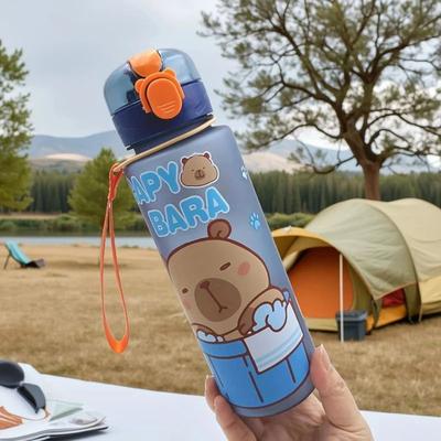 Inspire Select Cute Cartoon Capybara Water Bottle 25.36 Oz Leakproof Plastic Straw Sports Cup With Carry Strap blue