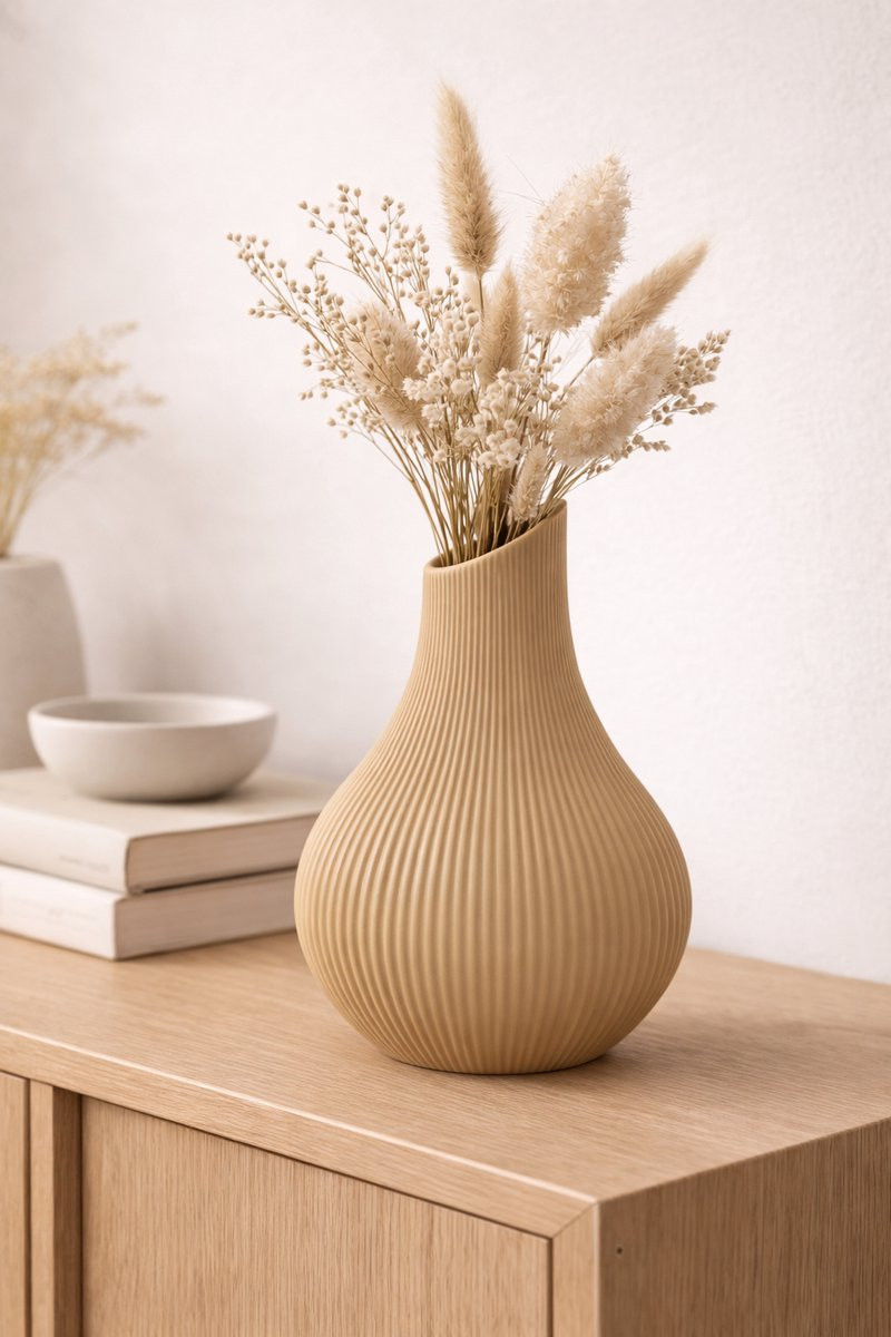 Japandi Vaas 25 cm – Moderne Ribbel Vaas – Scandinavische Minimalistische Design Vaas – Woondecoratie in Zwart, Wit, Karamel & Woestijnbruin