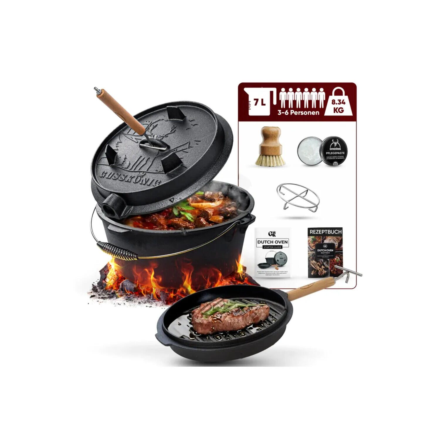 GUSSKÖNIG Eingebrannter Dutch Oven Set 7L ohne Füße GK-4