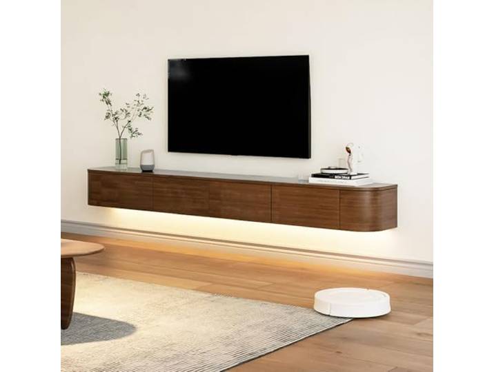 BIGYOUZI Schwebender TV-Schrank aus massivem Holz,Wand TV Schranks mit lockers Nussbaum 240 * 30 * 20CM Mit LED-Licht