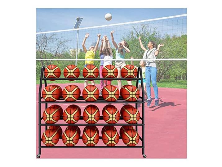 Basketbal Aufbewahrungsregal Ball Halter 4-stöckiges Metallregal Mit Rollen Ballwagen 97 / 123 / 140cm Platzsparend Für Fußball Basketball Sportausrüstung(Black,123CM)