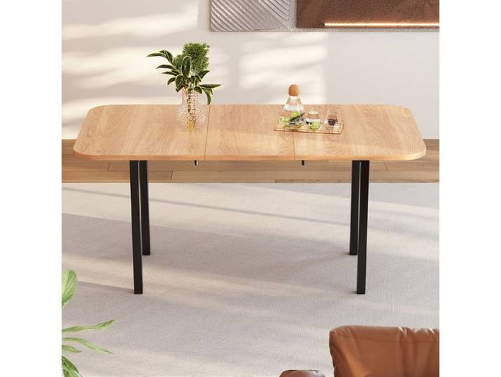 Table à Manger Extensible L120-160 cm 4-6 Places Bois Naturel Minimaliste Moderne Pieds en Alliage pour Salle à Manger et Salon