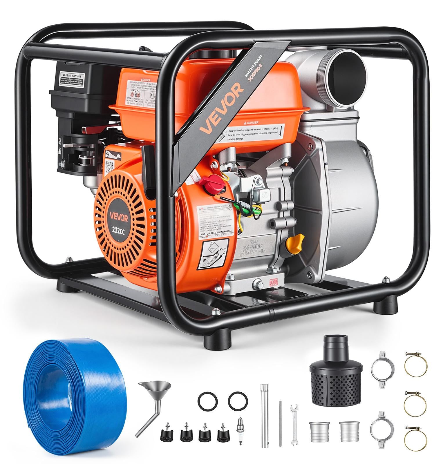 VEVOR Benzine Waterpomp 6 pk met 50,8 mm uitlaatslang en gietijzeren waaier voor irrigatie en zwembaden