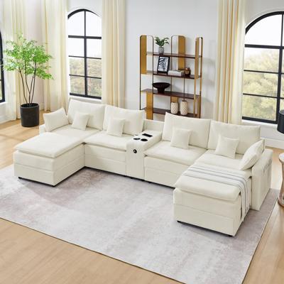 Abrihome "143.8"" Chenille Sectional Sofa with Cup Holders, USB Port and Ottomans"