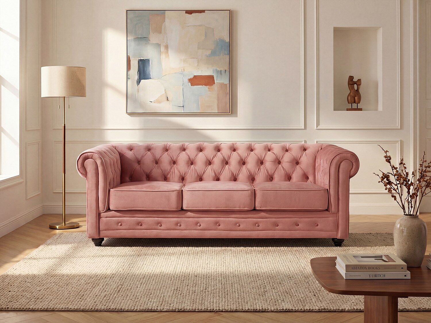 Unique Sofá 3 plazas de terciopelo - Rosa polvo - CHESTERFIELD