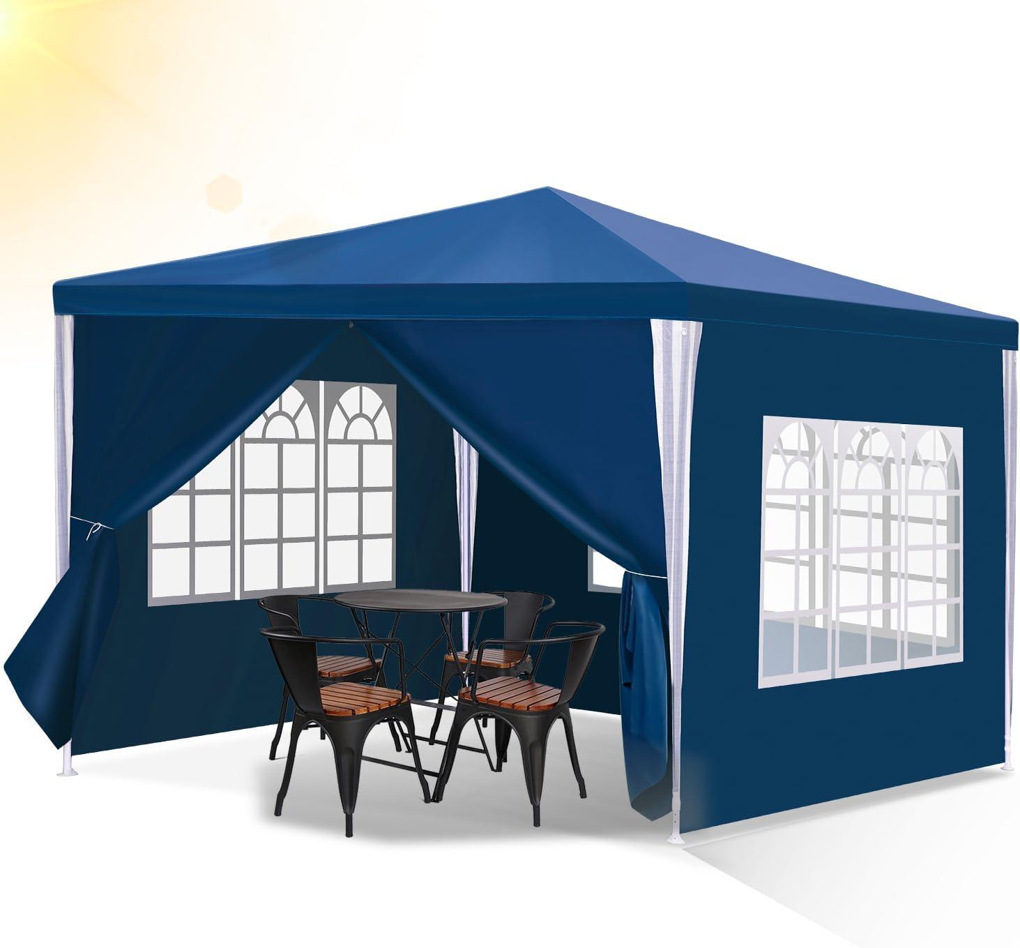 Blauer Pavillon 3x3M, wasserdicht, mit 4 Seitenteilen und Fenstern, Gartenzelt und Partyzelt mit UV-Schutz für Außenbereiche, Garten, Partys, Hochzeiten und Marktstände