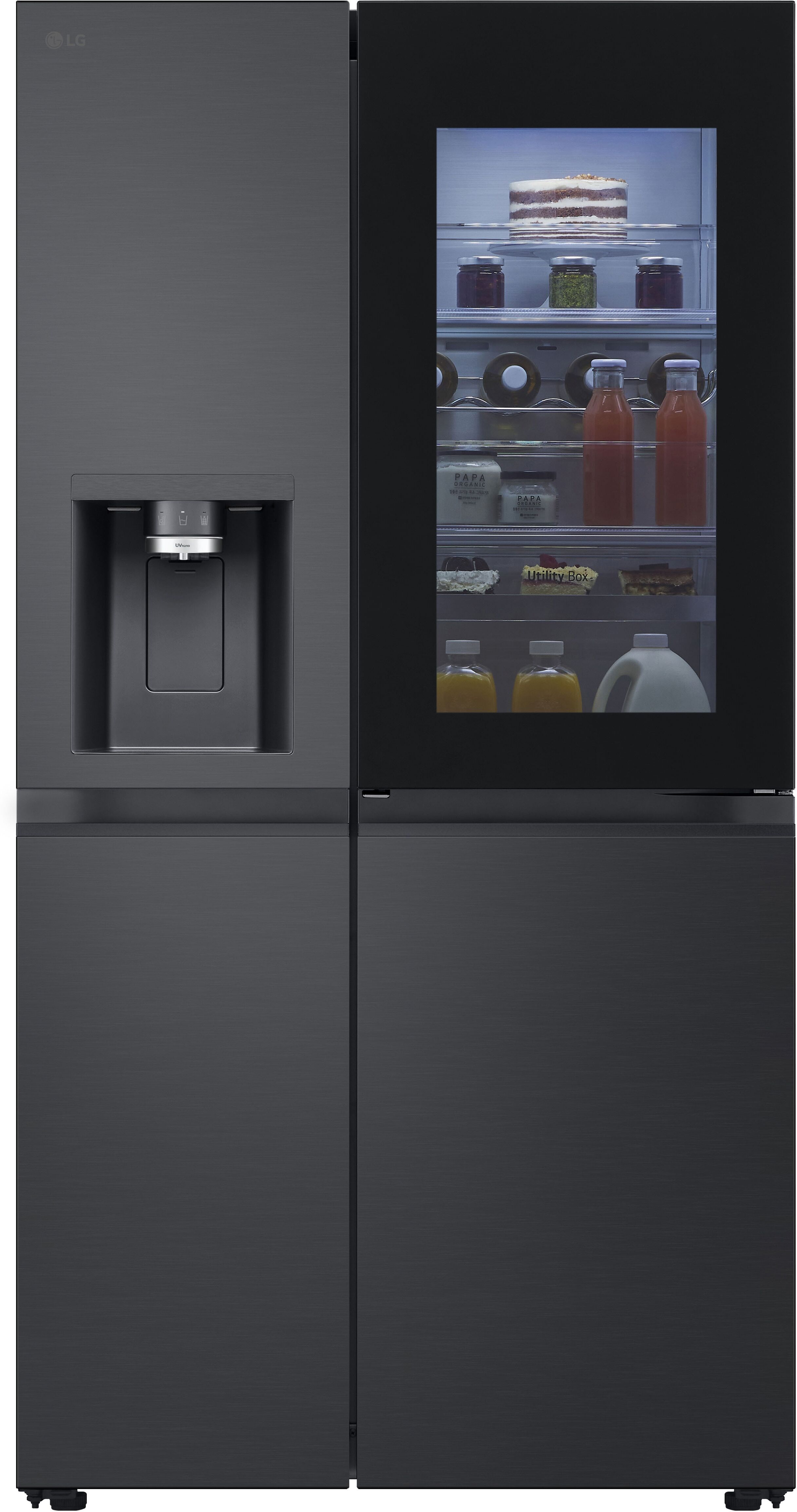 LG Side-by-Side "GSXB90EVDD", Energieeffizienz: D, silber (essence matte schwarz), Display innen, Kühlschränke, InstaView: zweimal klopfen, reinschauen Craft Ice Eiskugeln, Side-by-Side