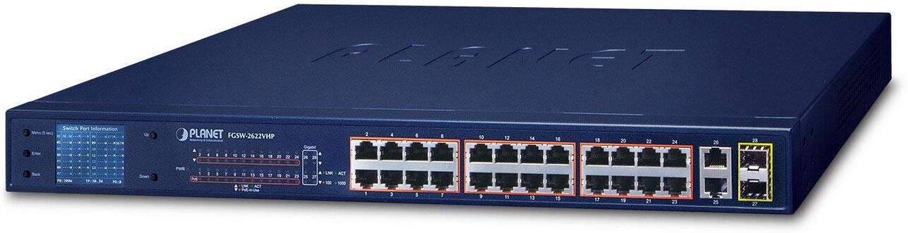PLANET 24-Port 10/100TX 802.3at PoE + 2-Port 1000X SFP Ethernet Switch with Smart Colour LCD (300W PoE Budget)
